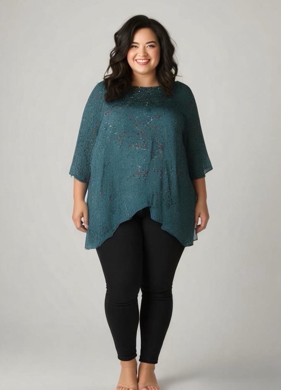 Lane Bryant Women's Green Speckle Tie Front Round Neck High Low Tunic 14/16